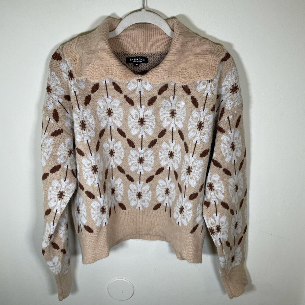 SHEIN Mod Beige Floral Print Collared Sweater